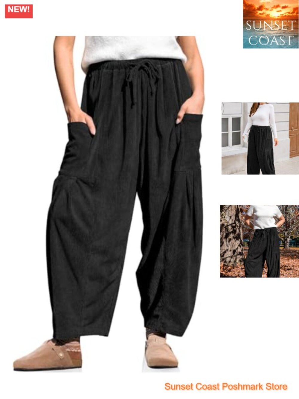 Corduroy Barrel Pants Wide Leg Drawstring Elastic Waist with Pockets
